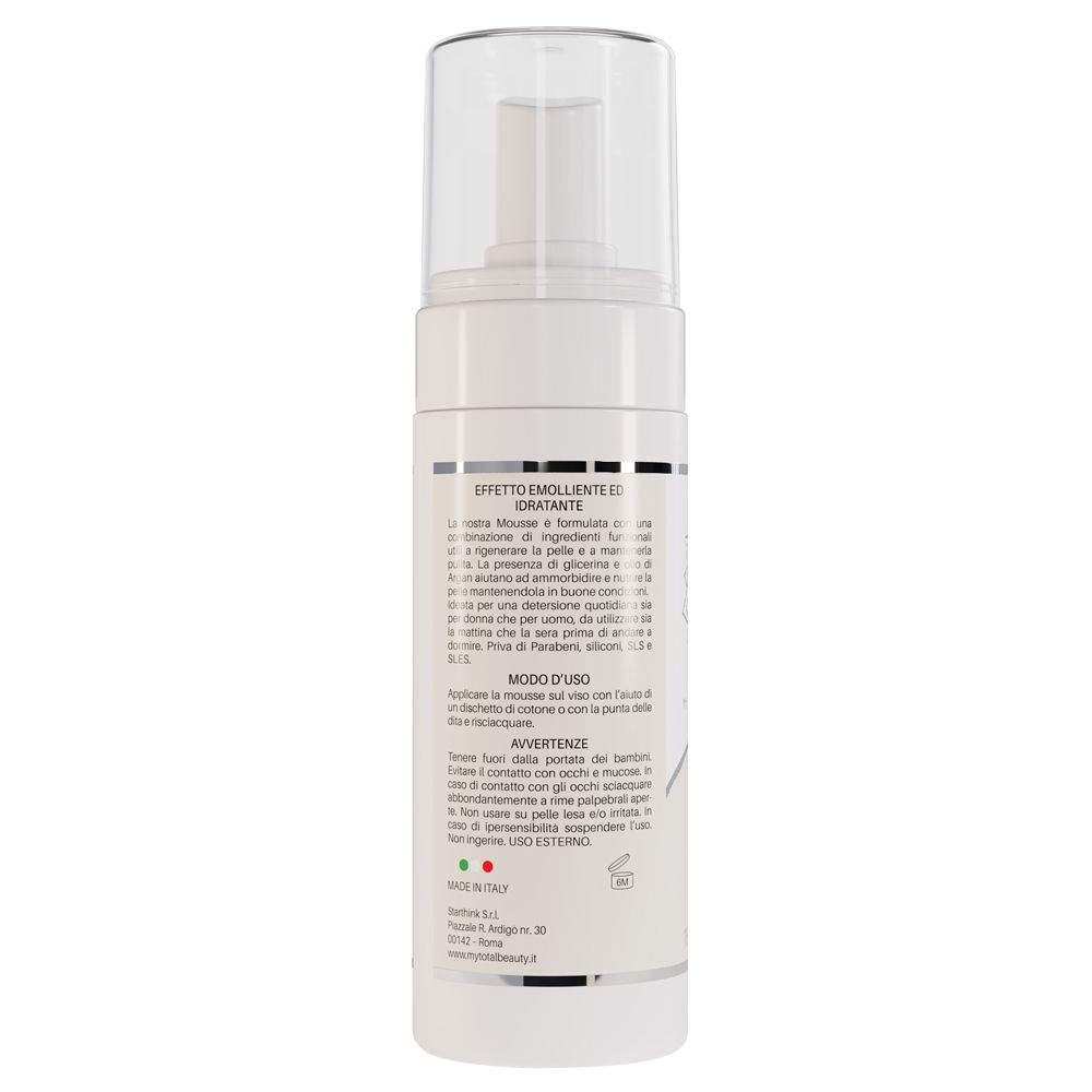 Retro del flacone bianco. Testo: EFFETTO EMOLIENTE ED IDRATANTE, MODO D'USO, AVVERTENZE. Solo per uso esterno.