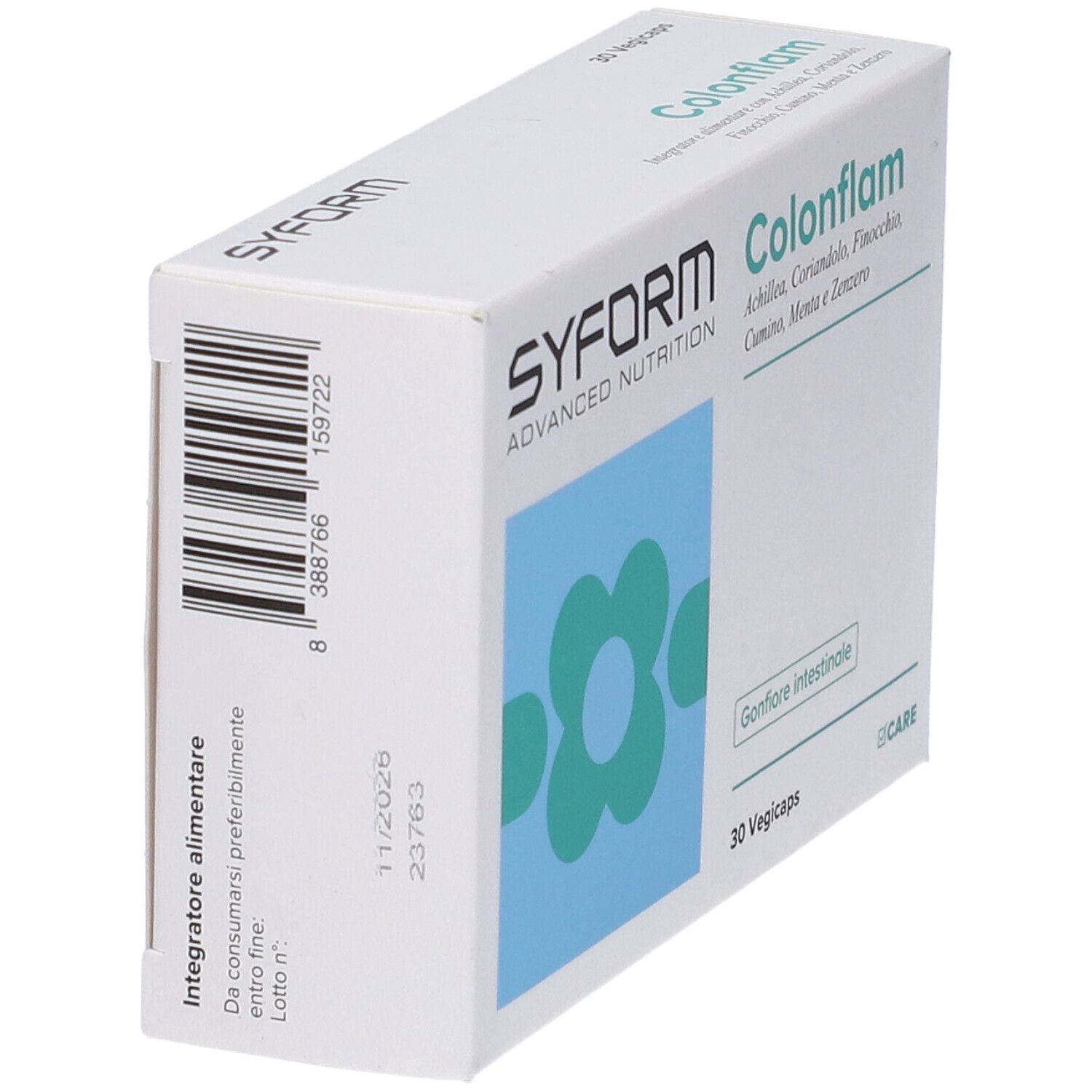 Scatola bianca con nome prodotto Colonflam e logo. Codice a barre e data di scadenza. 30 Vegicaps.