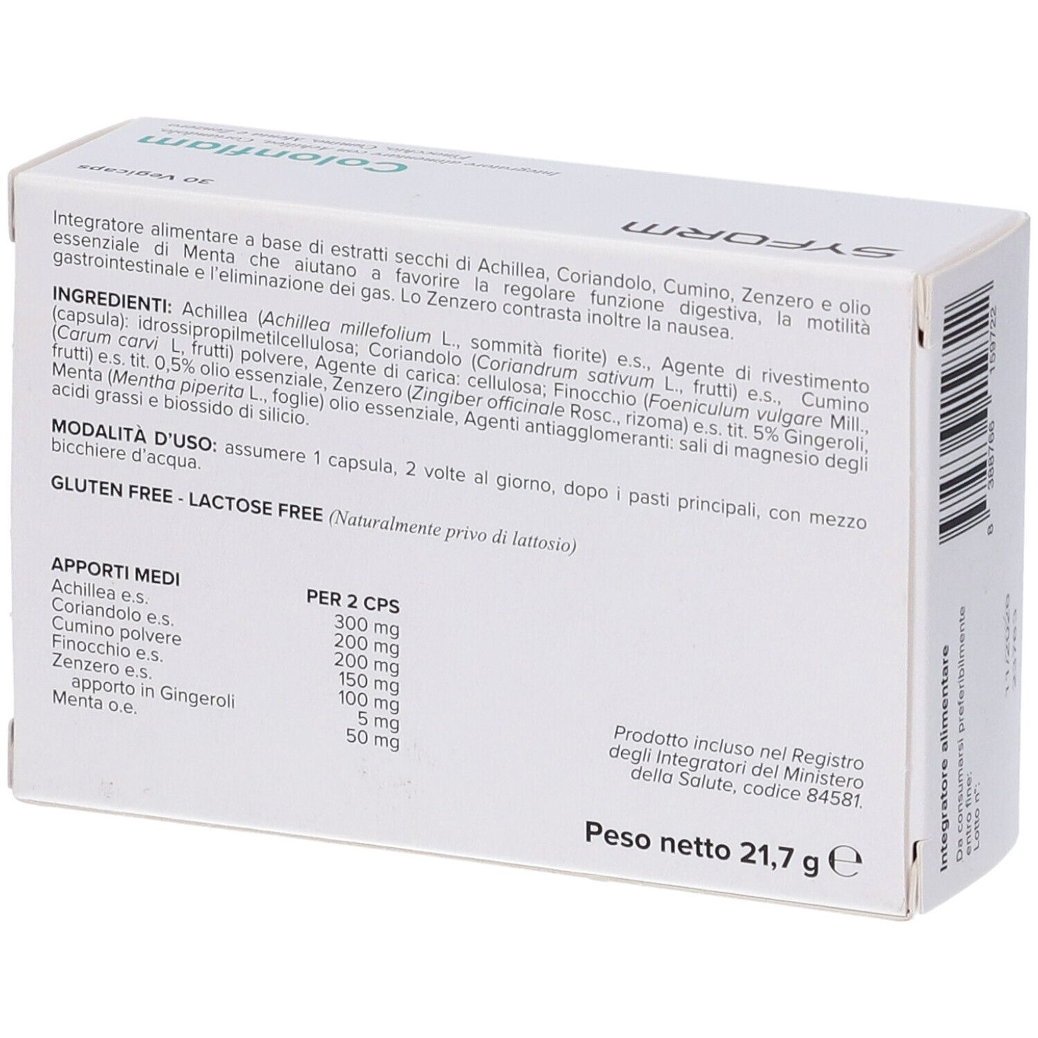 Retro della scatola bianca con informazioni sul prodotto. Elenco ingredienti e informazioni nutrizionali. Senza glutine, senza lattosio.