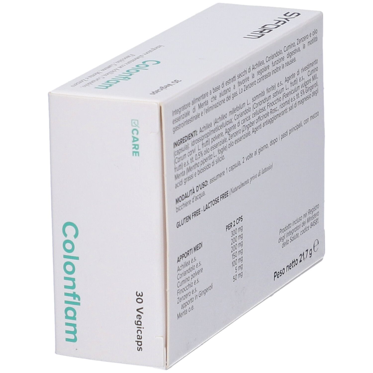Scatola bianca con nome prodotto Colonflam e logo. Informazioni sul prodotto sul retro. 30 Vegicaps.