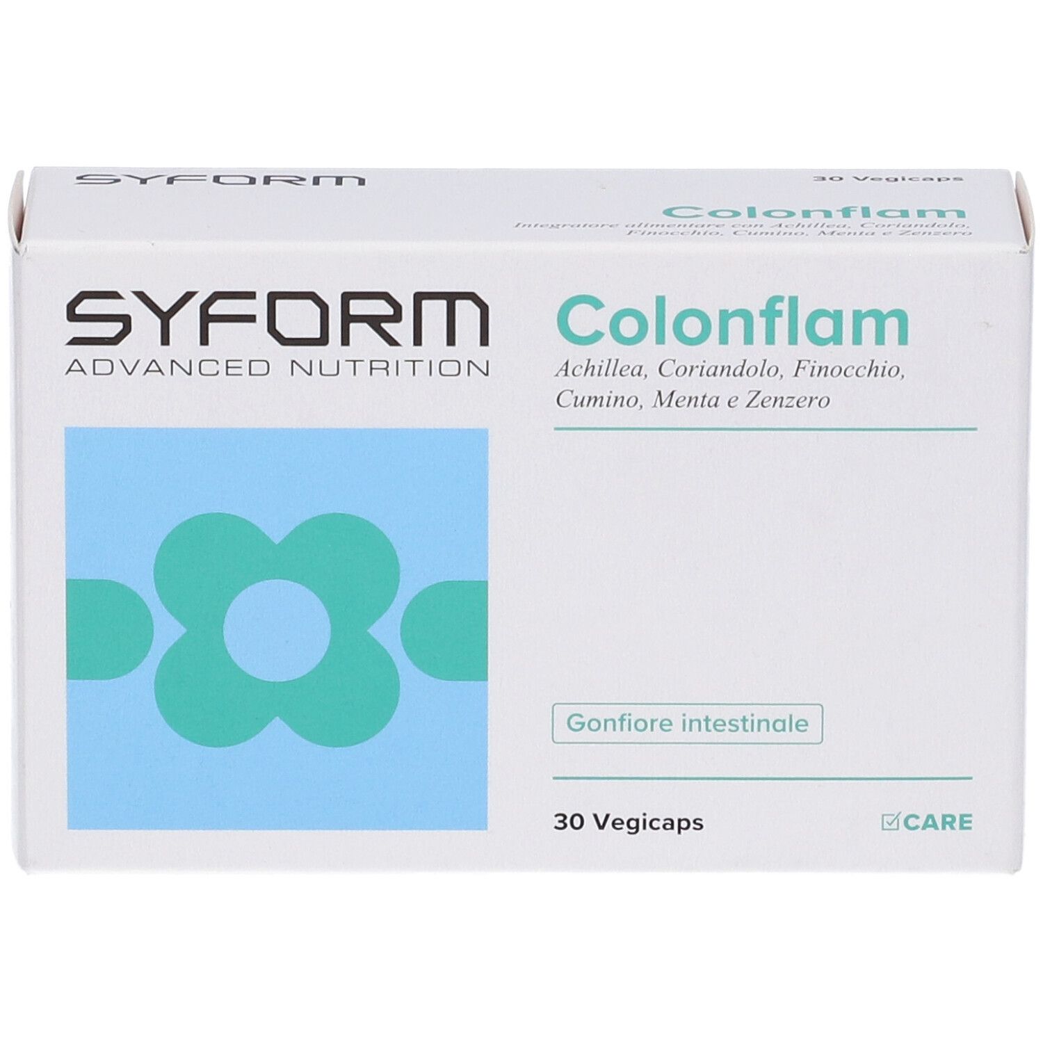 Scatola bianca con nome prodotto Colonflam e logo. Fiore blu sul davanti. 30 Vegicaps.