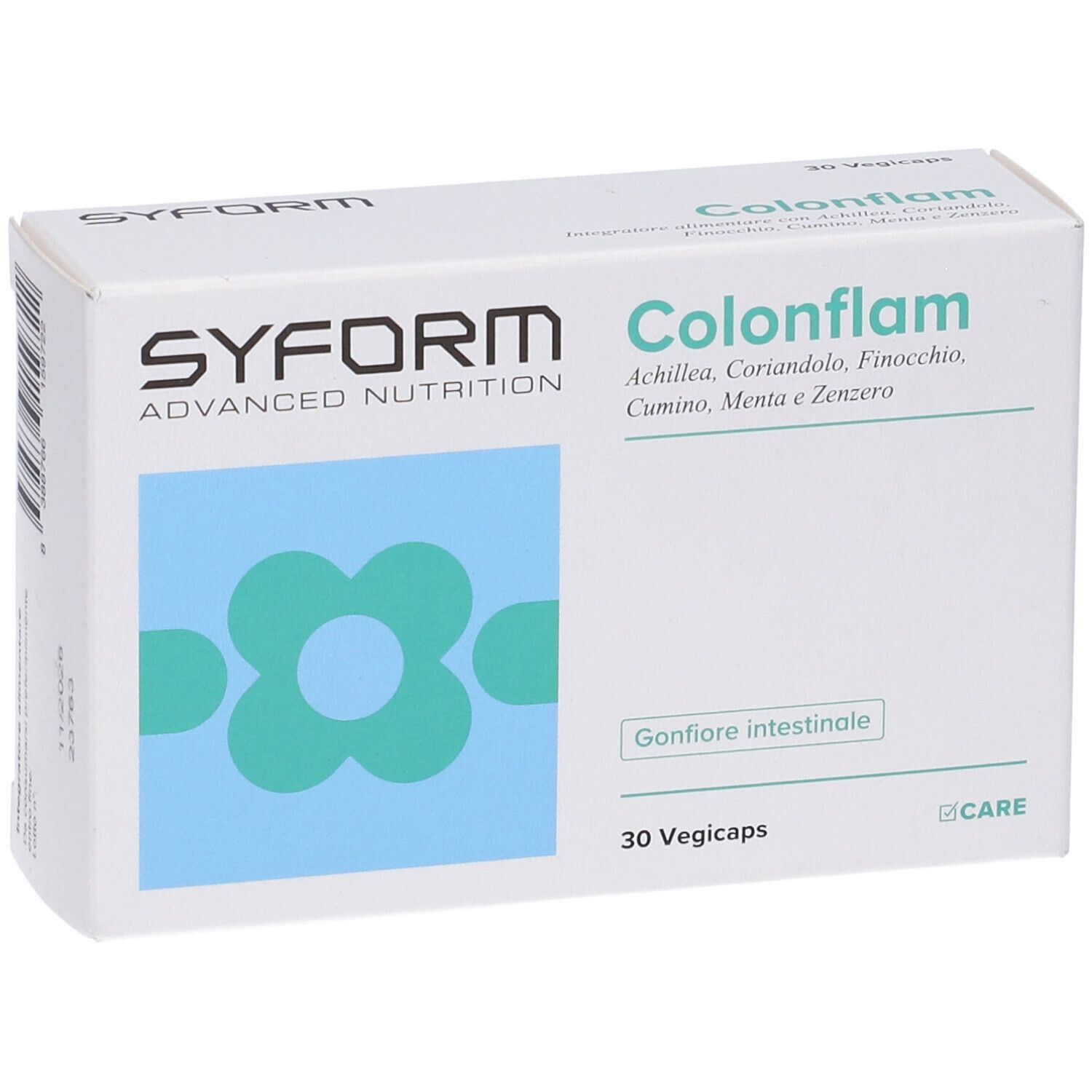 Scatola bianca con nome prodotto Colonflam e logo. Fiore blu sul davanti. 30 Vegicaps.