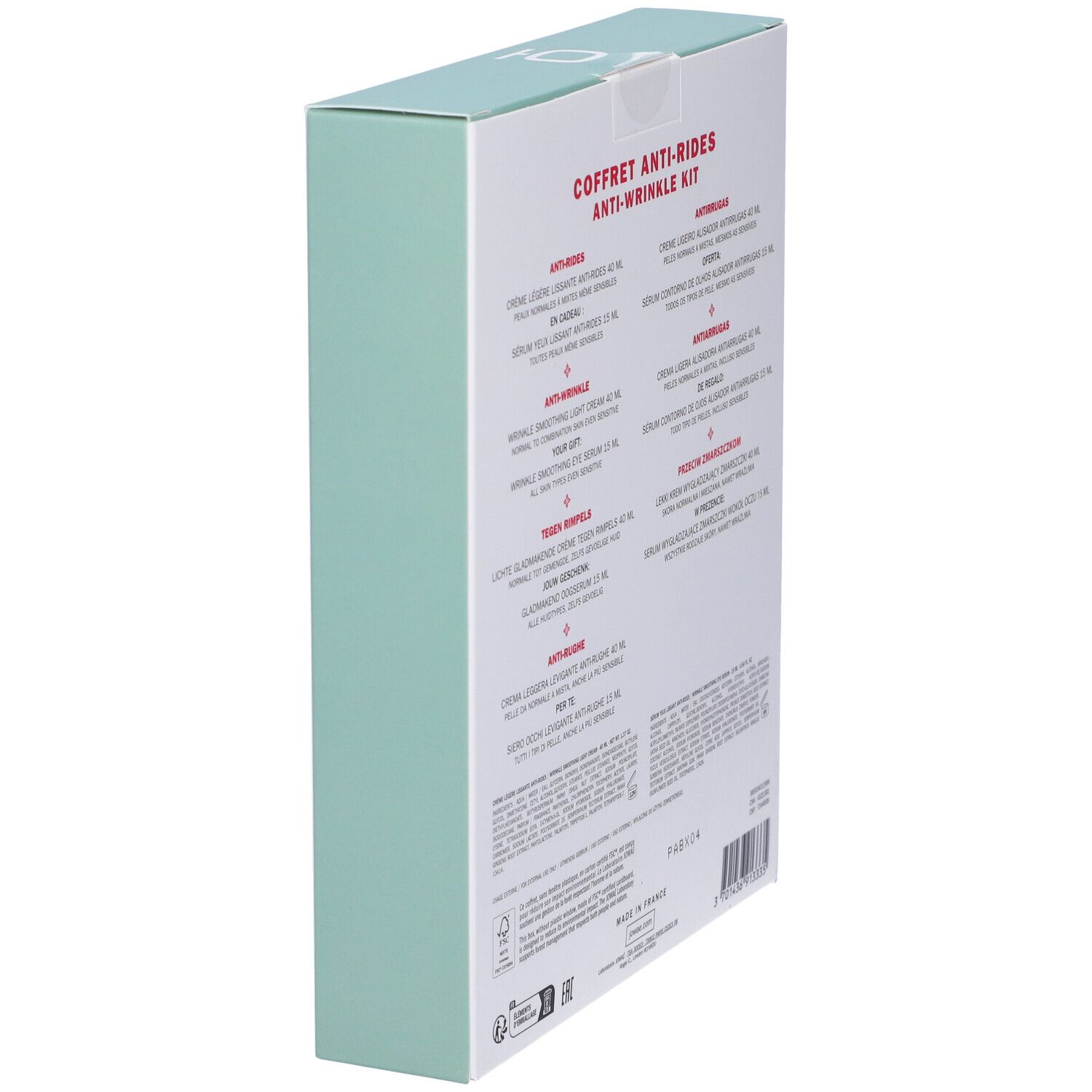 Retro del cofanetto regalo Jowaé. Testo multilingue. Scritta: Coffret Anti-Rides. Lato verde menta.