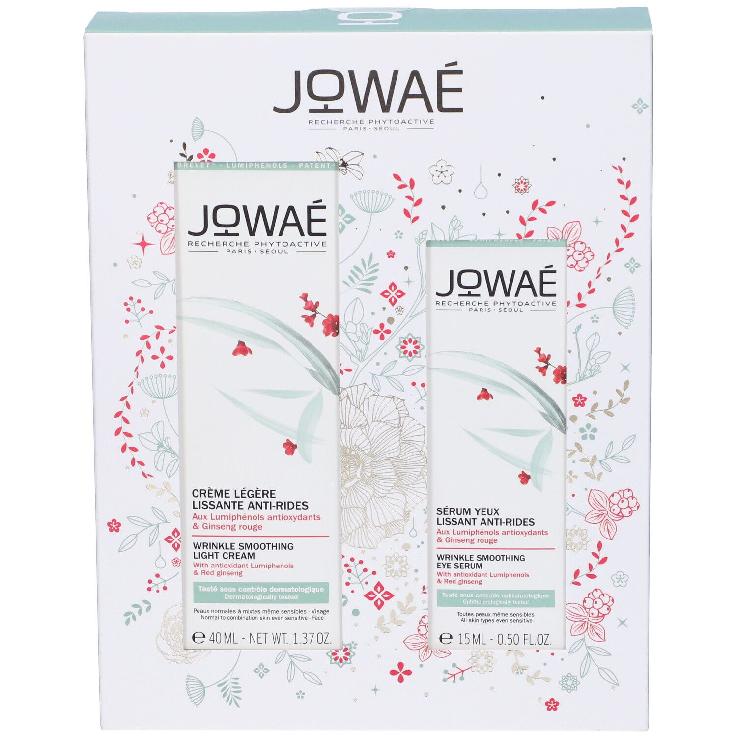 Set regalo Jowaé con due prodotti. Scritte: Crème Légère Lissante Anti-Rides, Siero Occhi. Confezione con motivi floreali.