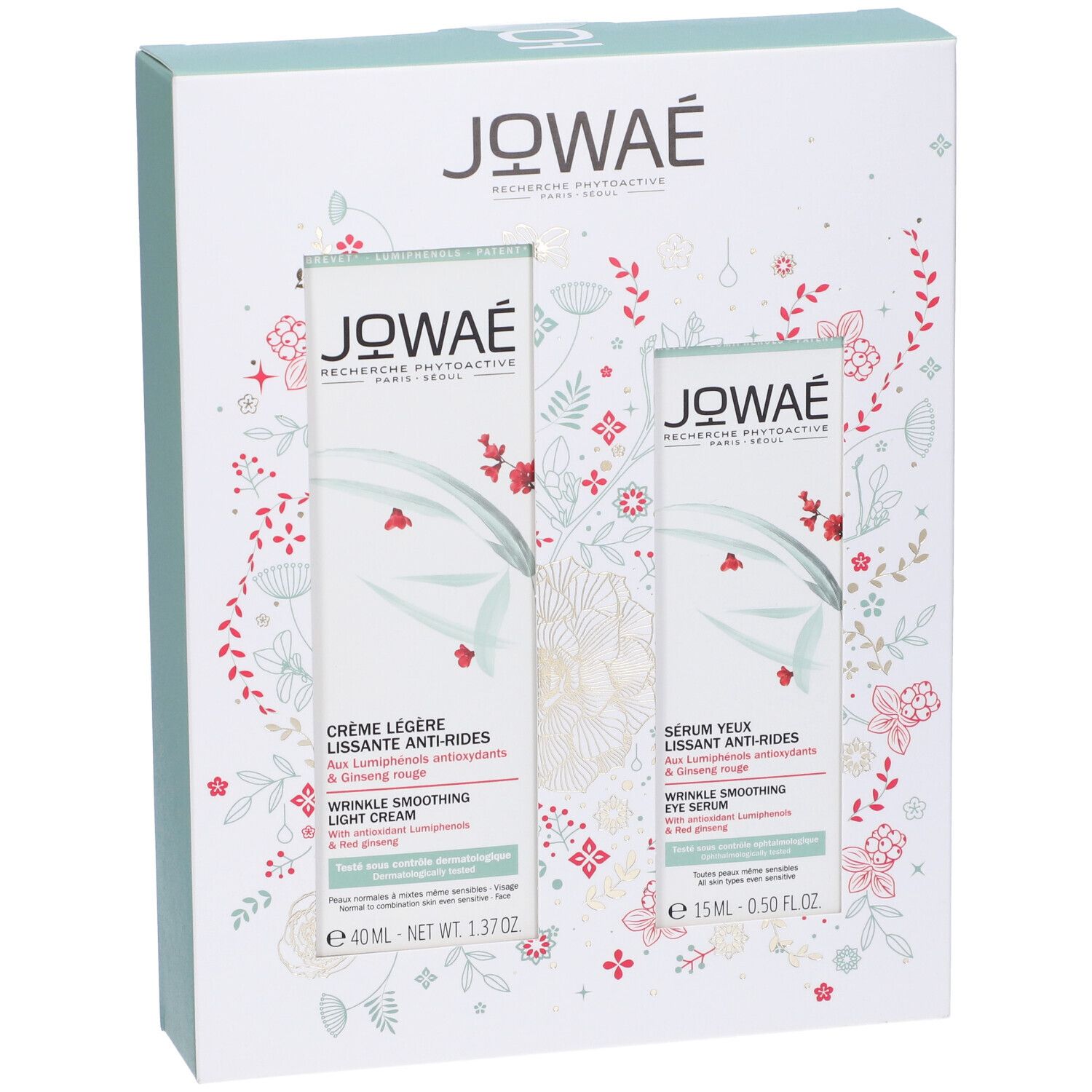 Set regalo Jowaé con due prodotti. Scritte: Crème Légère Lissante Anti-Rides, Siero Occhi. Confezione con motivi floreali.