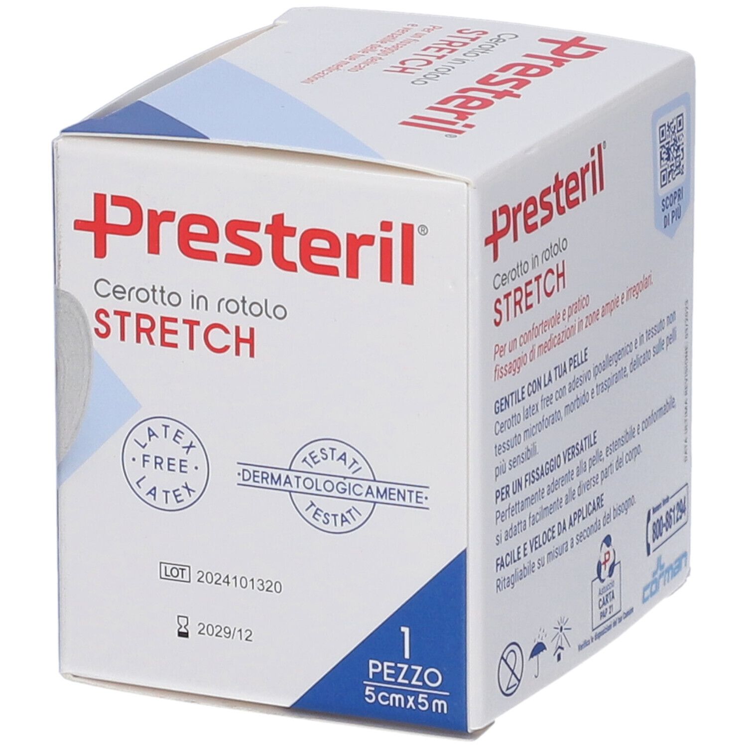 Scatola di rotolo di cerotto Presteril. Testato dermatologicamente. Nome del prodotto e logo sulla confezione.
