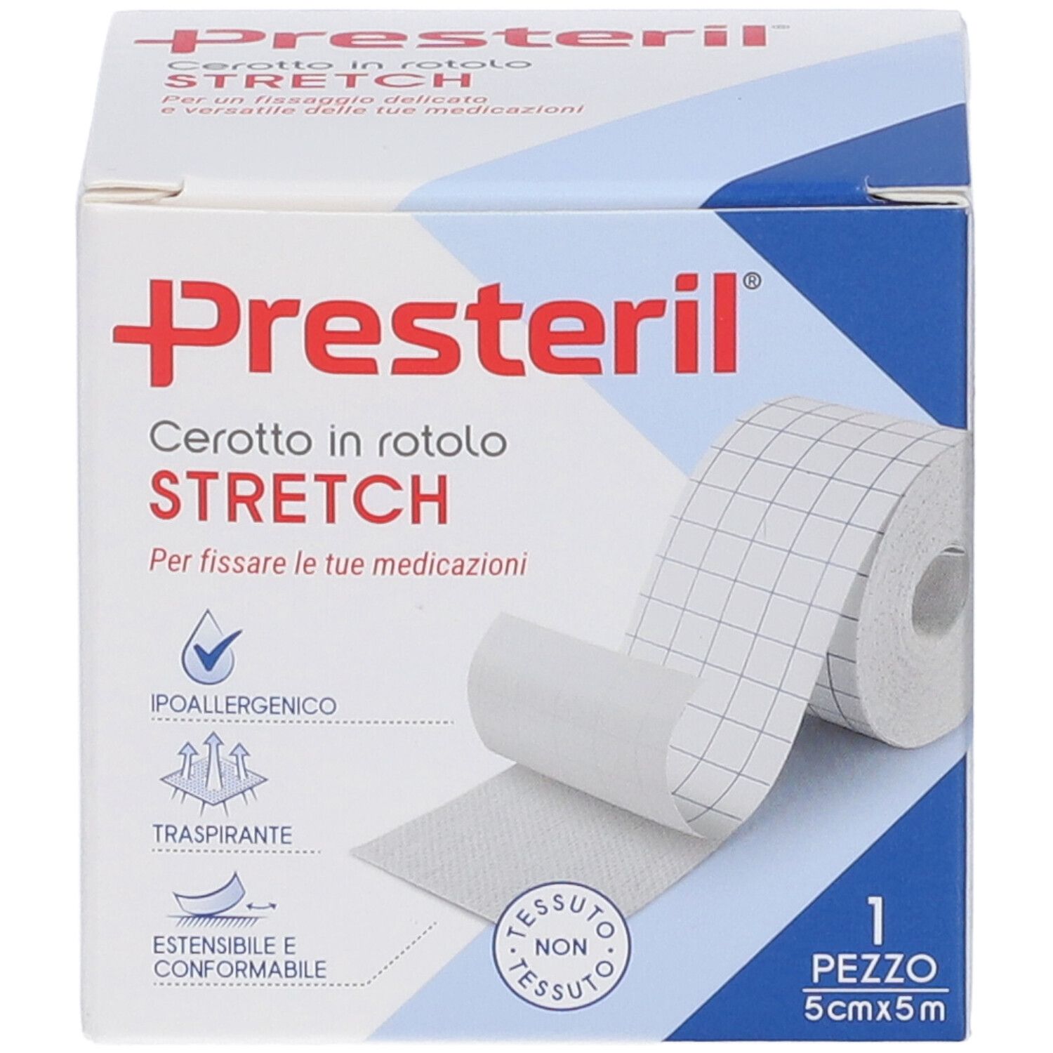 Scatola di rotolo di cerotto Presteril. Cerotto bianco, 5cm x 5m. Nome del prodotto e logo sulla confezione.