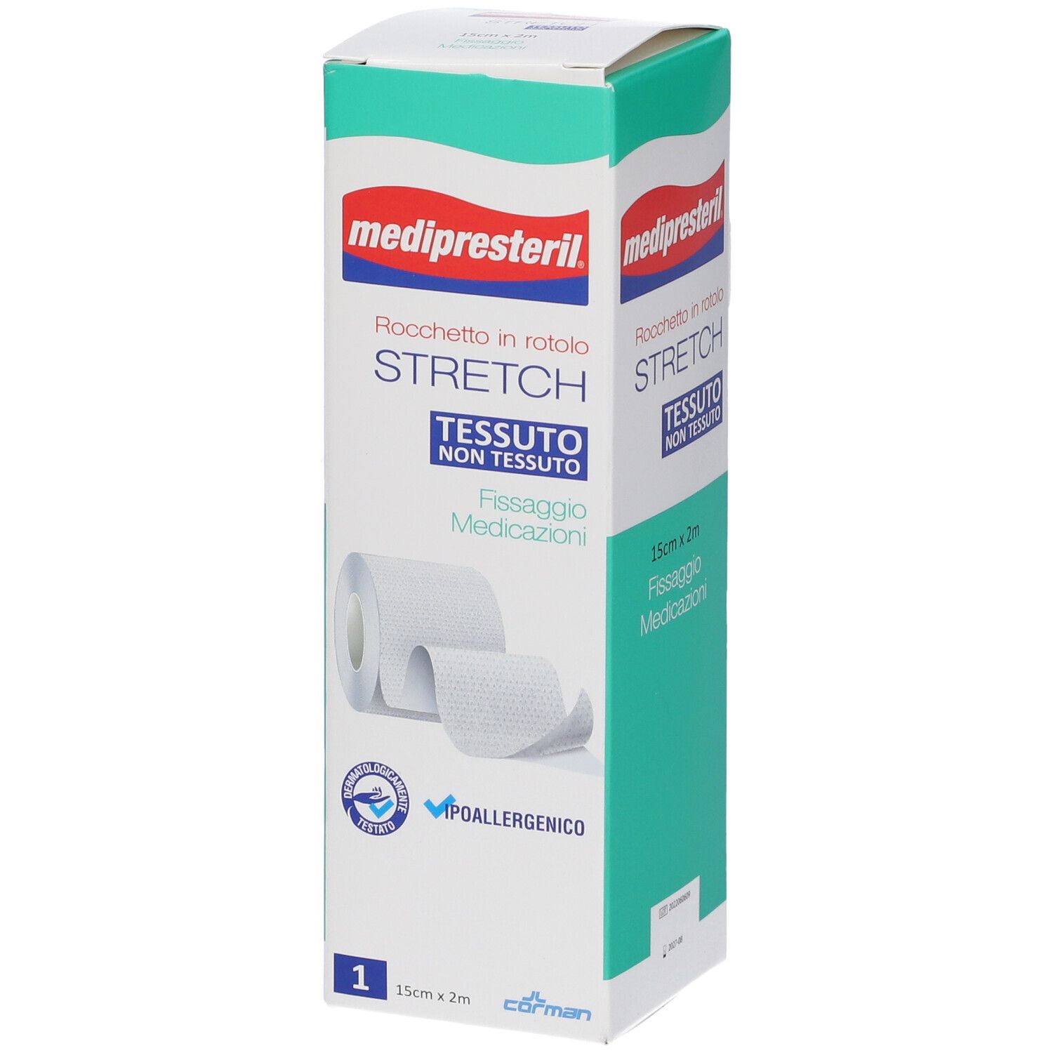 Confezione di benda Medipresteril Stretch. Tessuto non tessuto bianco. 15 cm x 2 m. Ipoallergenico.