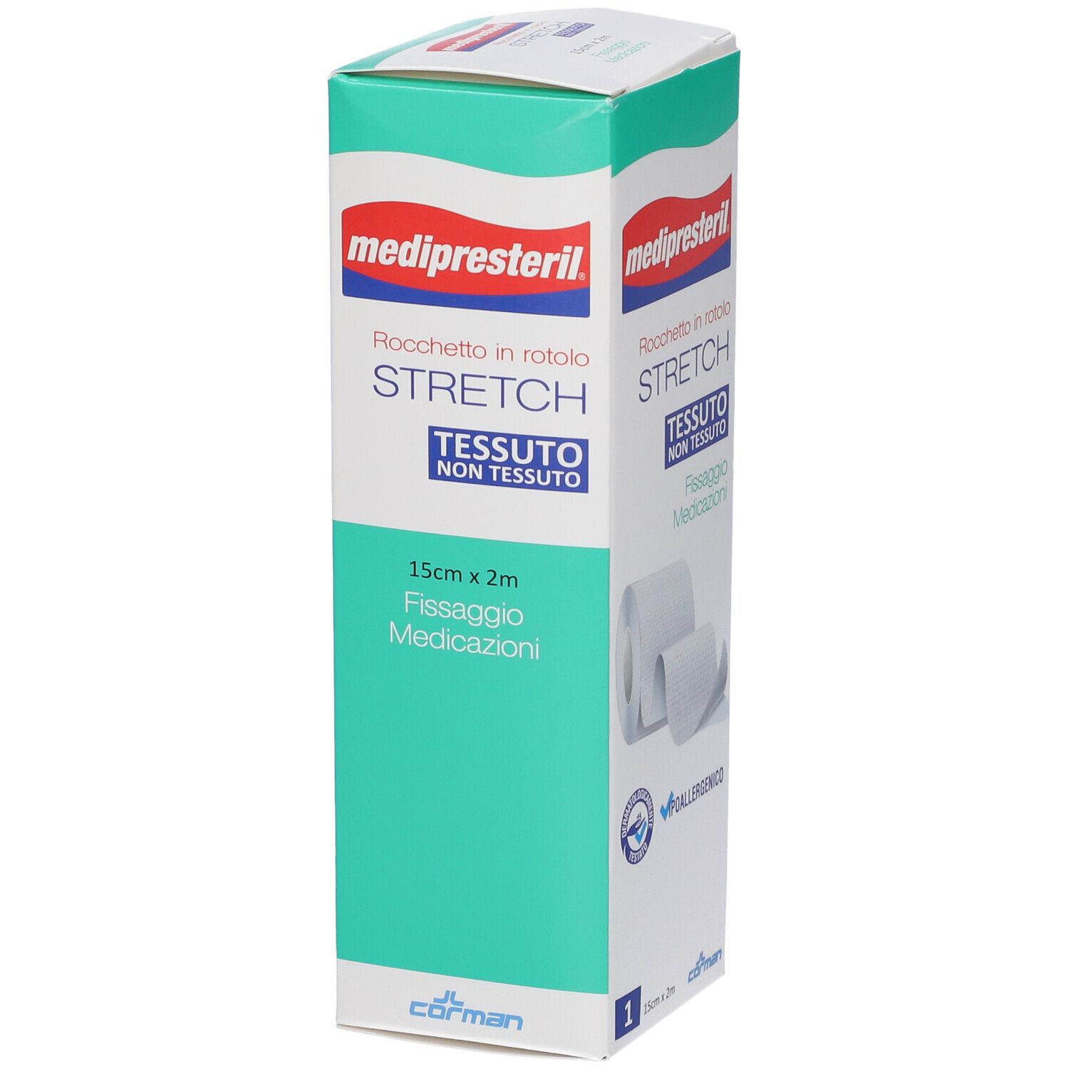 Confezione di benda Medipresteril Stretch. Tessuto non tessuto bianco. 15 cm x 2 m. Scritte e logo.