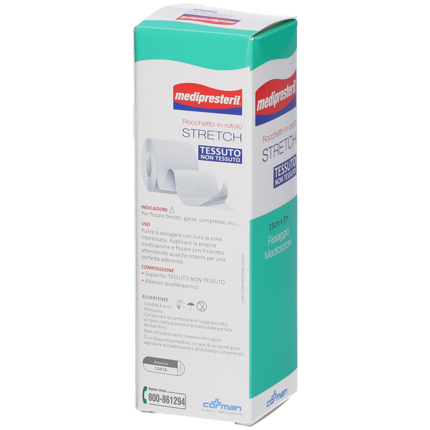 Confezione di benda Medipresteril Stretch. Tessuto non tessuto bianco. 15 cm x 2 m. Informazioni prodotto.