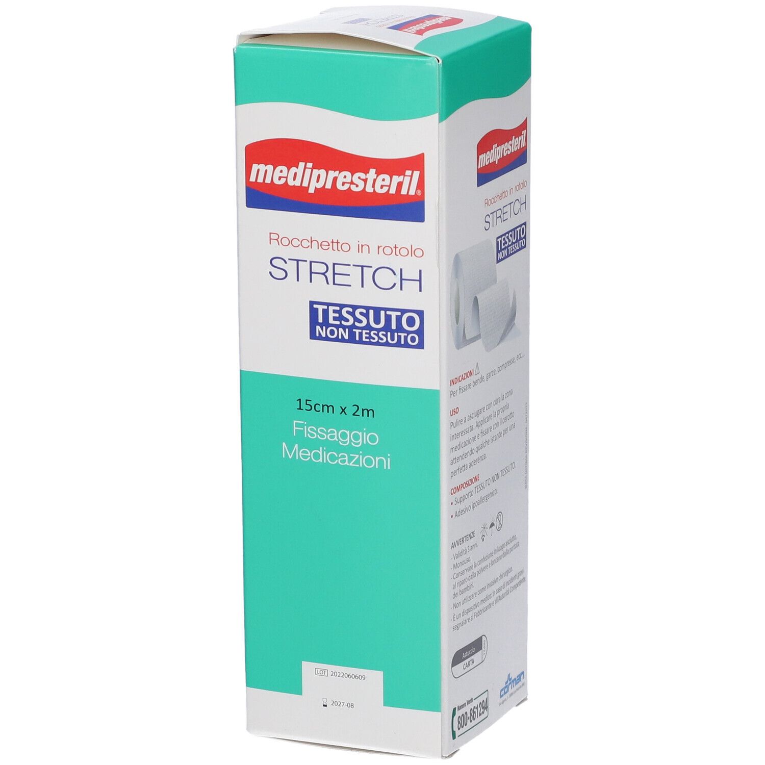 Confezione di benda Medipresteril Stretch. Tessuto non tessuto bianco. 15 cm x 2 m. Informazioni prodotto.