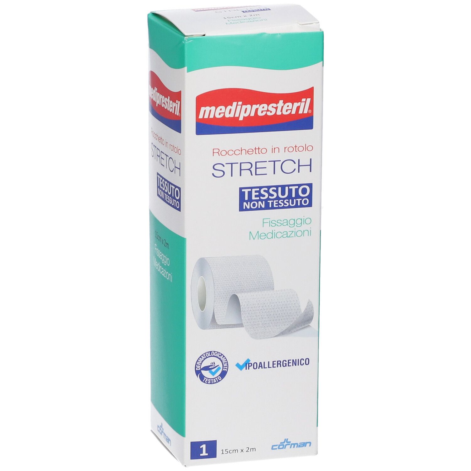 Confezione di benda Medipresteril Stretch. Tessuto non tessuto bianco. 15 cm x 2 m. Ipoallergenico.
