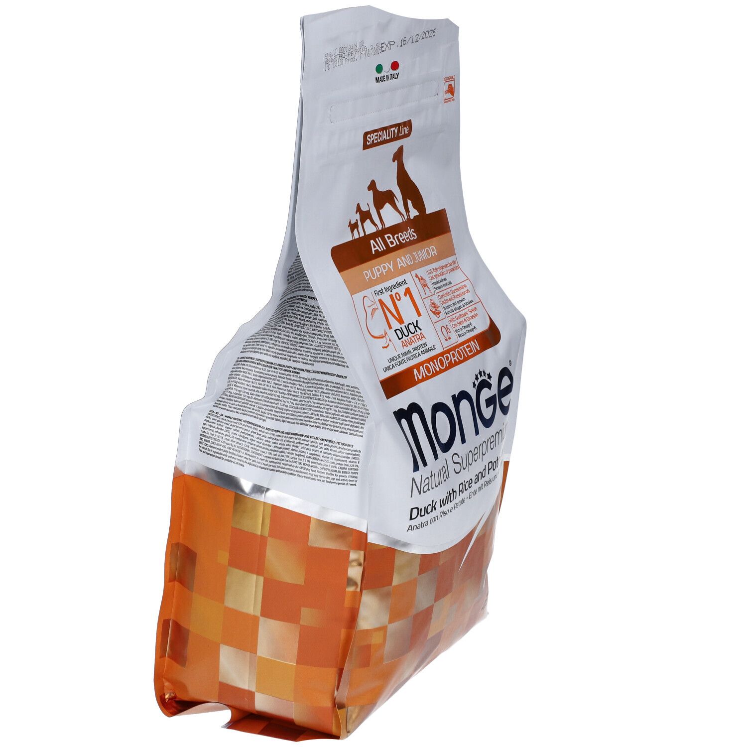 Monge All Breeds Puppy & Junior Anatra Con Riso E Patate 2,5 Kg. Vista obliqua della confezione con informazioni e logo Monge.