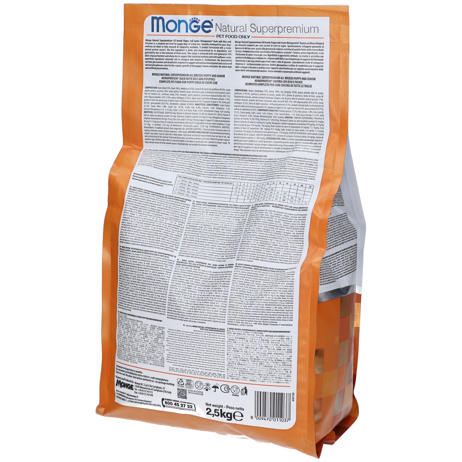 Retro della confezione Monge All Breeds Puppy & Junior Anatra Con Riso E Patate 2,5 Kg con testo e informazioni nutrizionali.