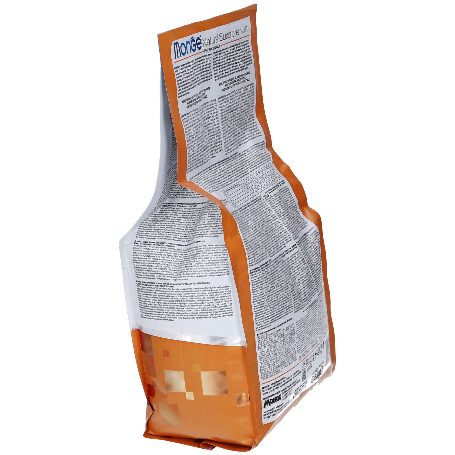 Vista obliqua del retro della confezione Monge All Breeds Puppy & Junior Anatra Con Riso E Patate 2,5 Kg con testo.