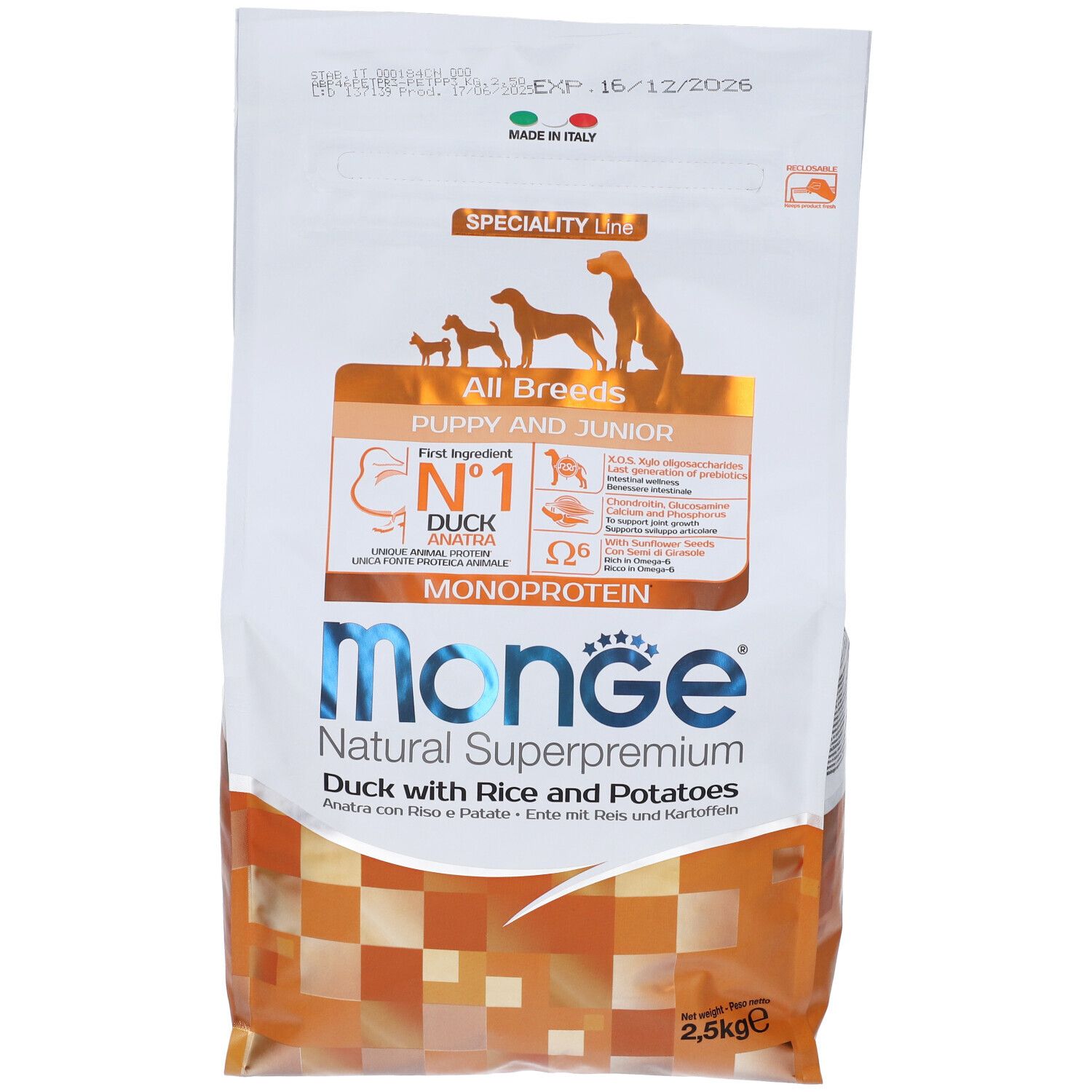 Monge All Breeds Puppy & Junior Anatra Con Riso E Patate 2,5 Kg. Confezione con informazioni sul prodotto, illustrazioni di cani e logo Monge.
