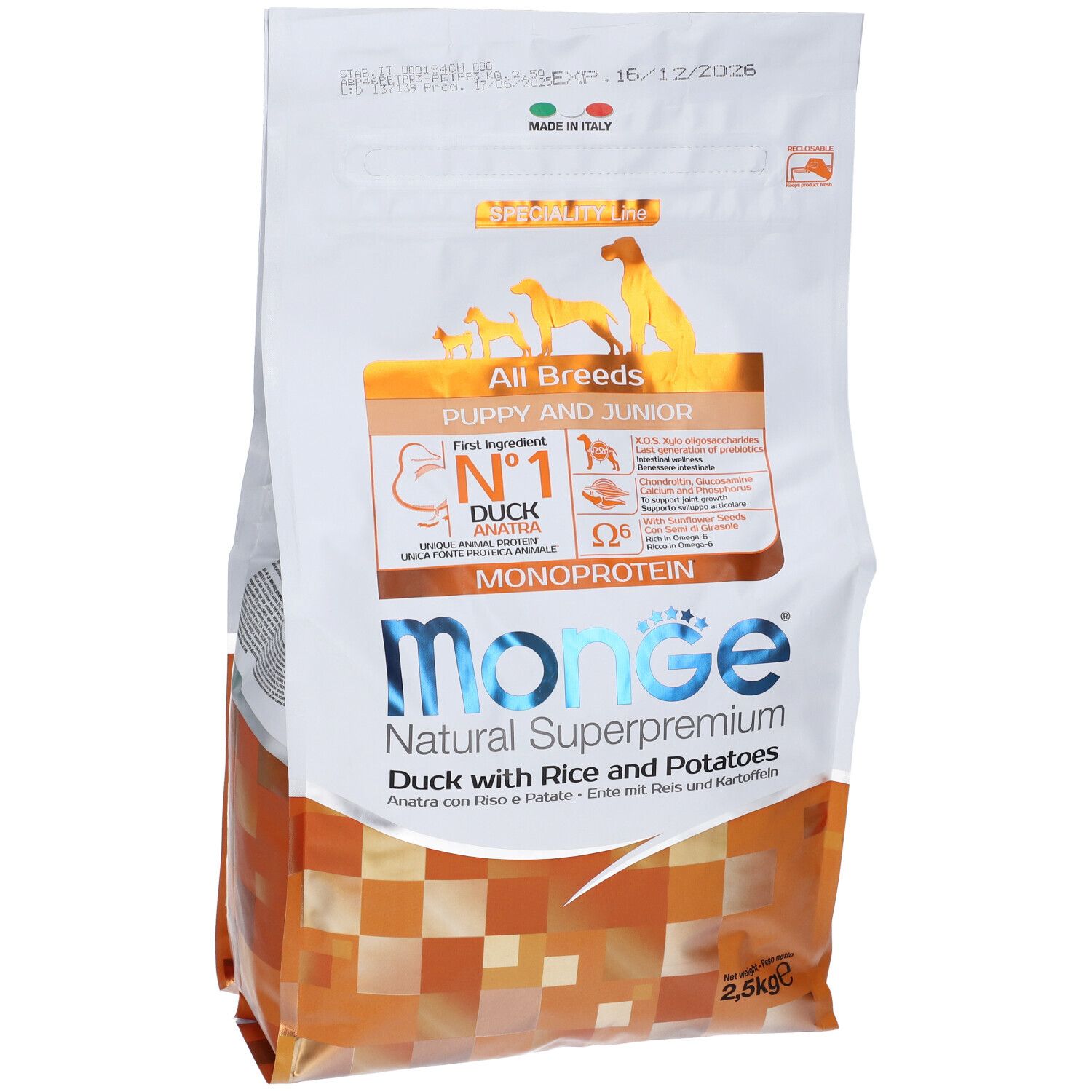 Monge All Breeds Puppy & Junior Anatra Con Riso E Patate 2,5 Kg. Confezione con informazioni sul prodotto, illustrazioni di cani e logo Monge.