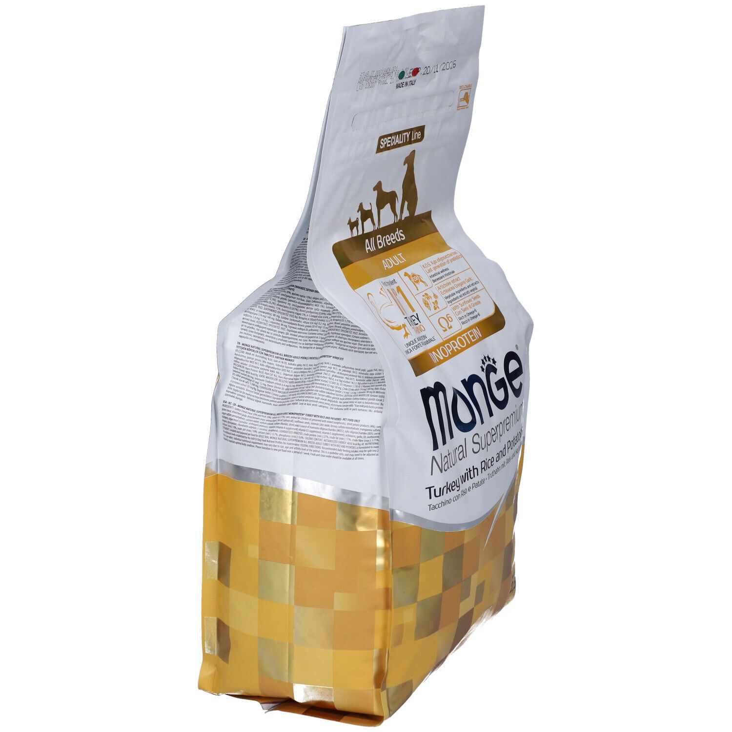 Sacchetto di cibo per cani Monge Natural Superpremium, obliquo. Scritto: Turkey with Rice and Potatoes. 2,5 kg. Monoproteico. Per tutte le razze.