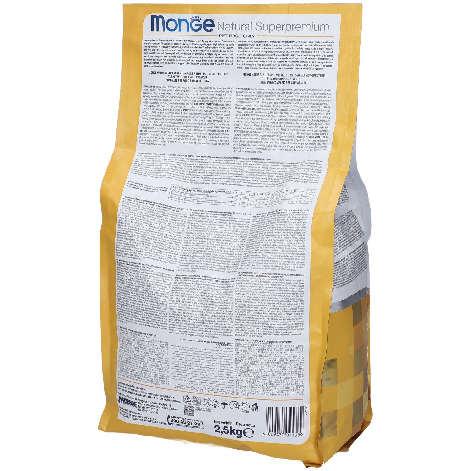 Retro del sacchetto di cibo per cani Monge Natural Superpremium. Testo: ingredienti, analisi, raccomandazioni. 2,5 kg. Solo per animali.