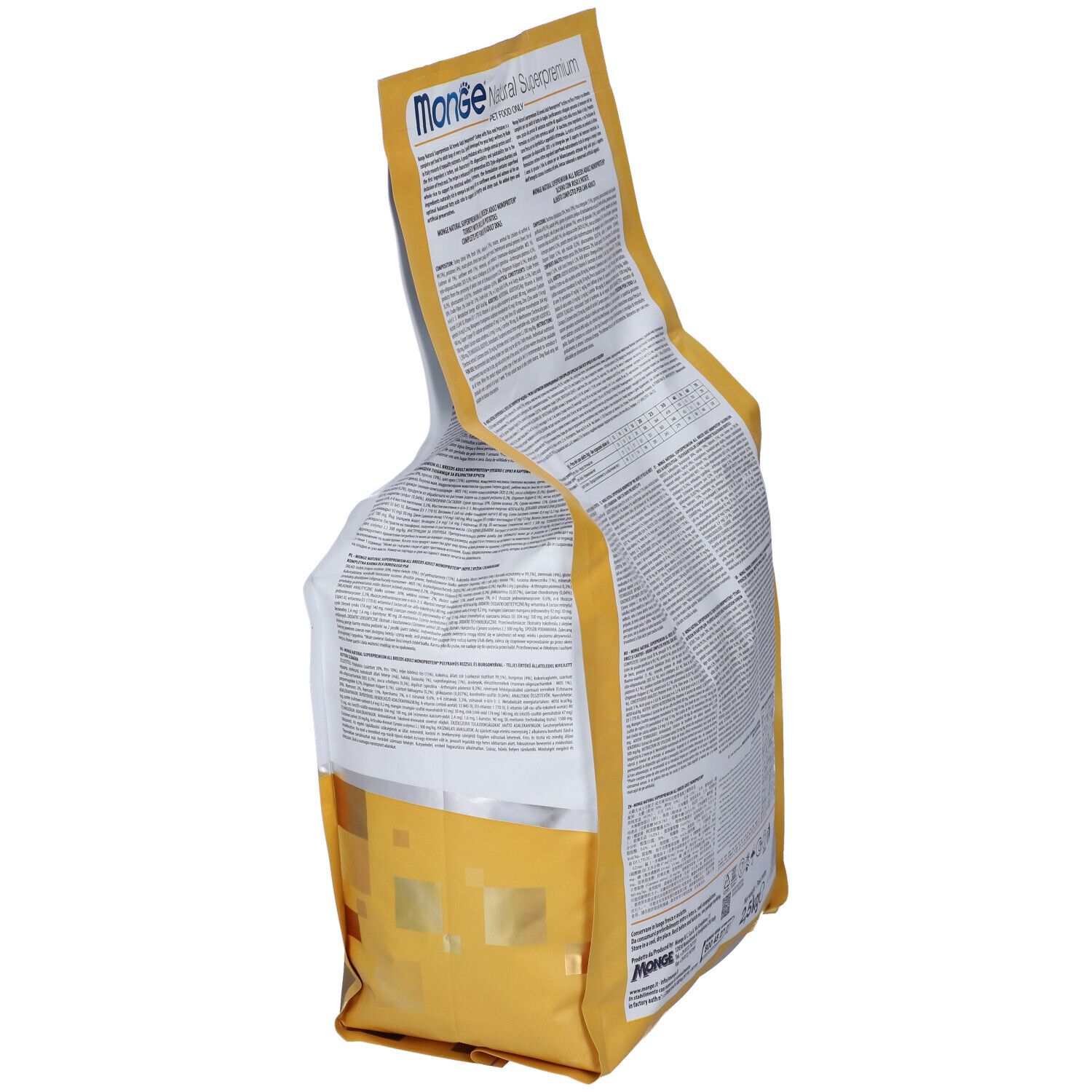 Sacchetto di cibo per cani Monge Superpremium, obliquo. Retro visibile. Testo: ingredienti, analisi, raccomandazioni. 2,5 kg.