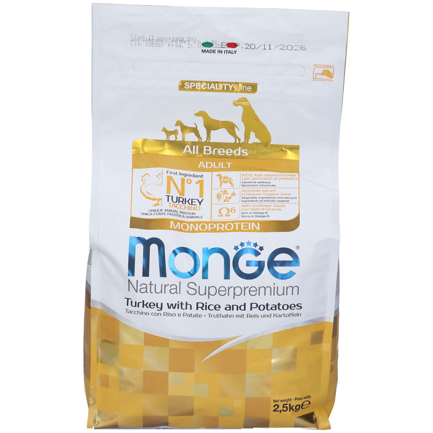 Sacchetto di cibo per cani Monge Natural Superpremium. Scritto: Turkey with Rice and Potatoes. 2,5 kg. Monoproteico. Per tutte le razze. Prodotto in Italia.