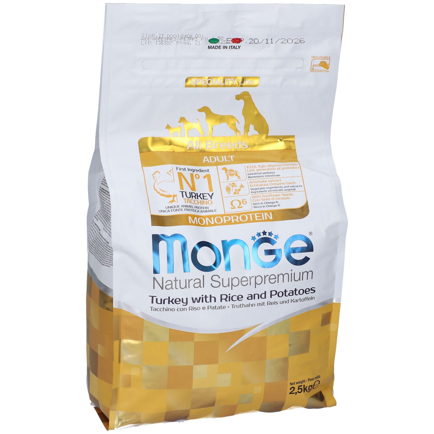 Sacchetto di cibo per cani Monge Natural Superpremium. Scritto: Turkey with Rice and Potatoes. 2,5 kg. Monoproteico. Per tutte le razze. Vista dettagliata.