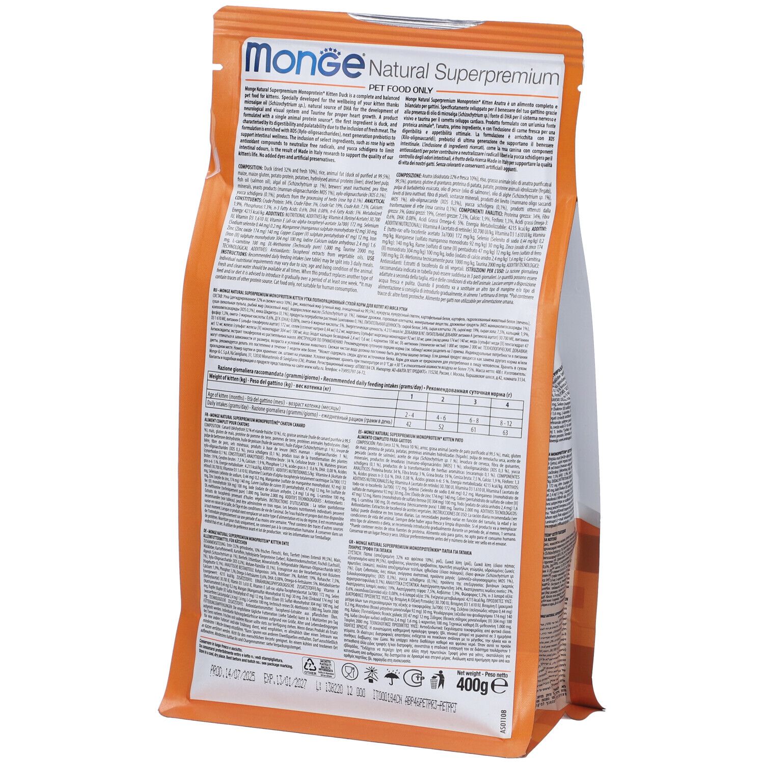Retro del sacchetto di cibo per gatti Monge. Testo e informazioni nutrizionali. Confezione da 400g.