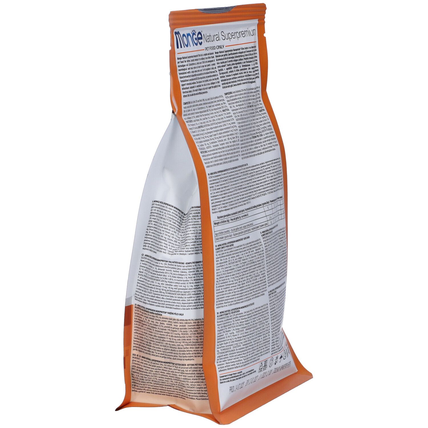 Sacchetto di cibo per gatti Monge, in diagonale. Retro con testo. Confezione da 400g.