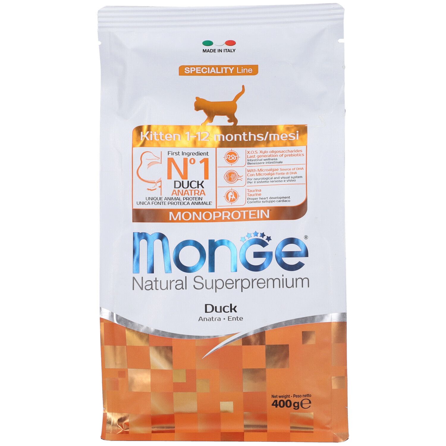 Confezione di cibo per gatti Monge. Monoproteico anatra per gattini. 400g. Scritte: Monge, Natural Superpremium, Duck, Anatra, Ente.