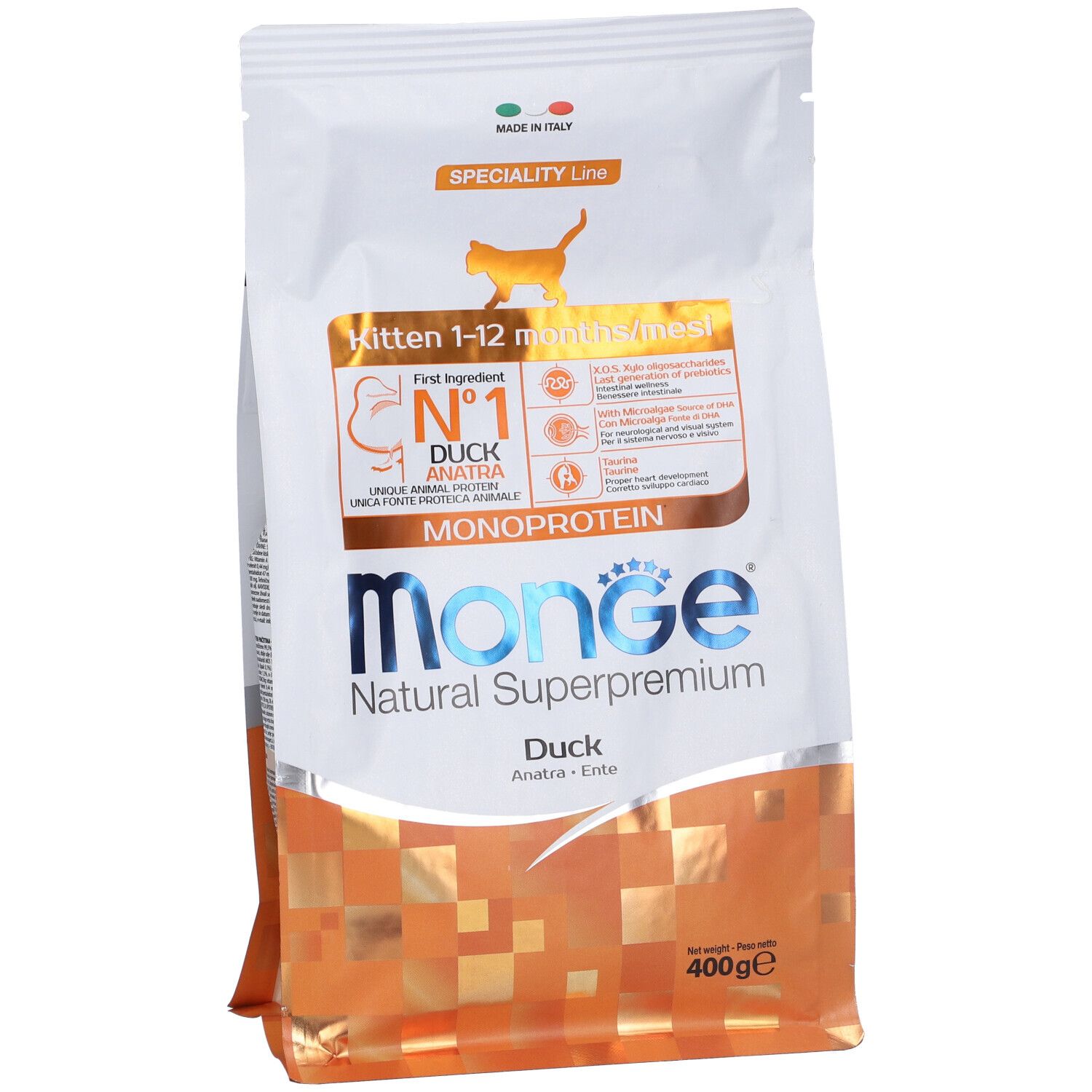 Confezione di cibo per gatti Monge. Monoproteico anatra per gattini. 400g. Scritte: Monge, Natural Superpremium, Duck, Anatra, Ente.