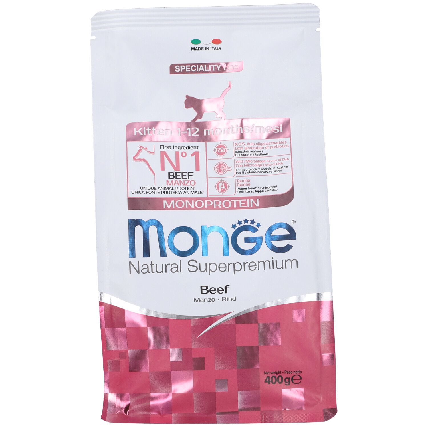 Confezione di cibo per gatti Monge, in diagonale. Bianca e rossa. Scritta: Monge Natural Superpremium, Beef, Manzo. Per gattini 1-12 mesi.