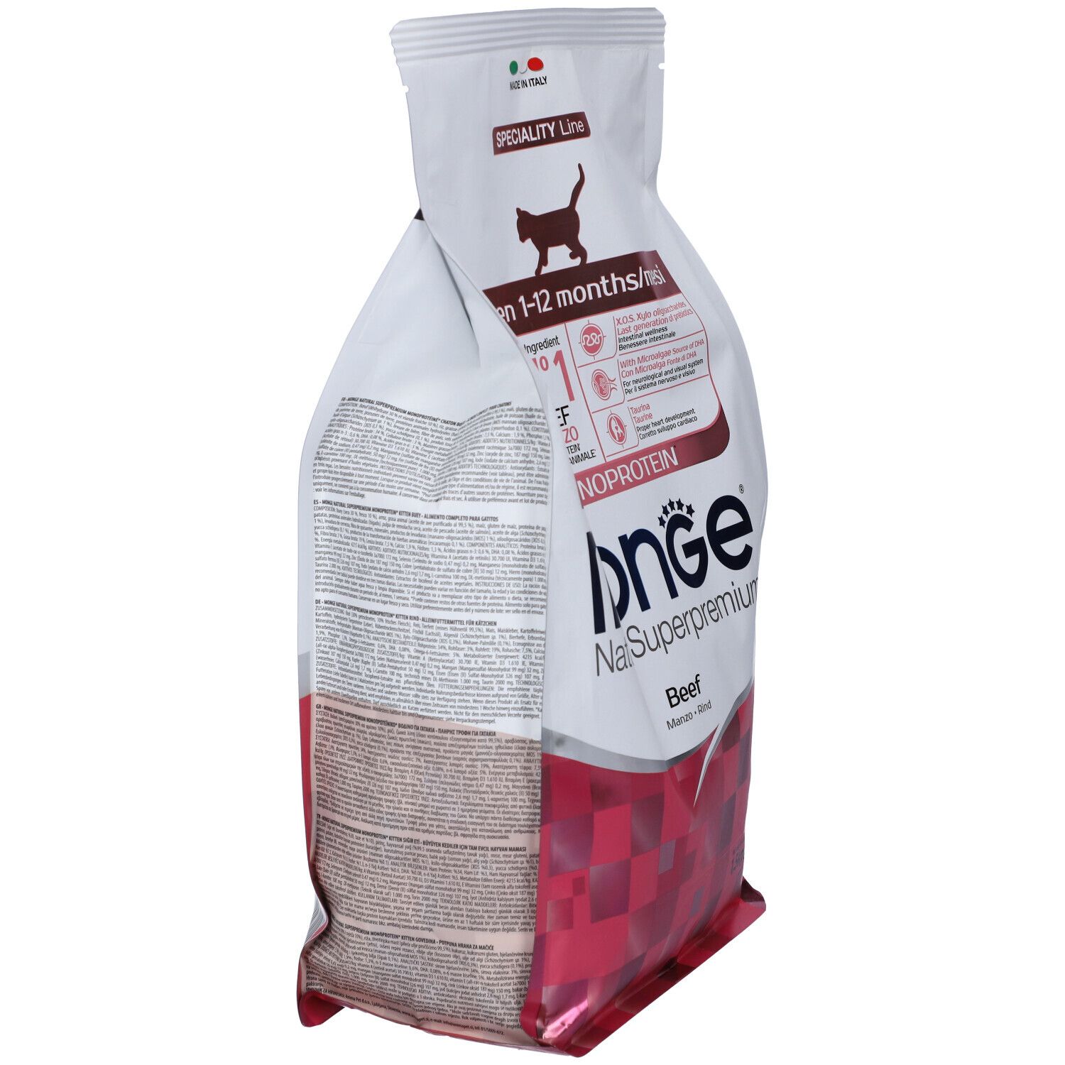 Vista laterale del sacchetto di cibo per gatti Monge. Kitten 1-12 mesi. Monoproteico manzo. Sacchetto bianco con motivo rosso e logo. Specialità.