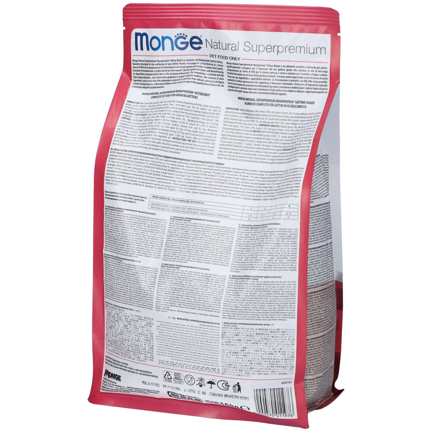 Retro del sacchetto di cibo per gatti Monge. Testo multilingue. Kitten 1-12 mesi. Monoproteico. Design rosso e bianco. PET FOOD ONLY.