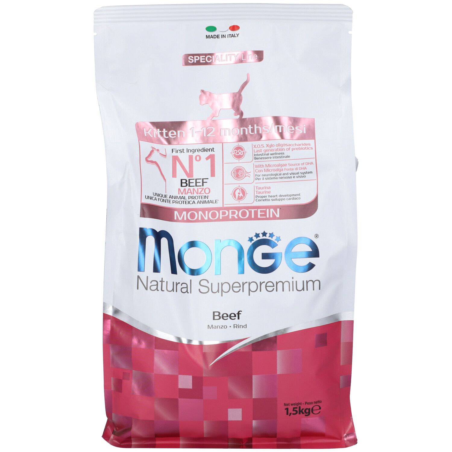 Sacchetto di cibo per gatti Monge Natural Superpremium, 1,5 kg. Kitten 1-12 mesi. Monoproteico manzo. Sacchetto bianco con motivo rosso e logo.