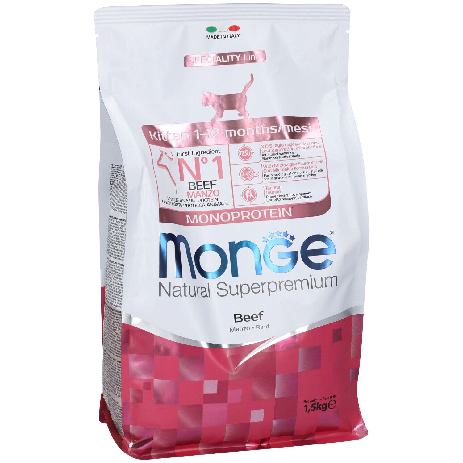 Sacchetto di cibo per gatti Monge Natural Superpremium, 1,5 kg. Kitten 1-12 mesi. Monoproteico manzo. Sacchetto bianco con motivo rosso e logo.