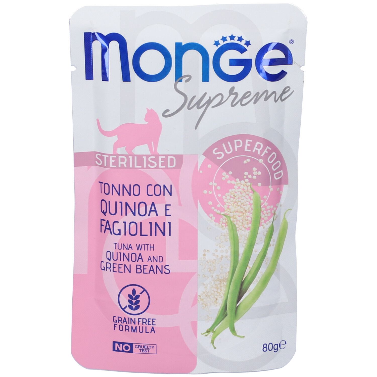 Busta di cibo per gatti Monge Supreme Sterilised. Design rosa e bianco. Contiene tonno, quinoa e fagiolini. Formula senza cereali.
