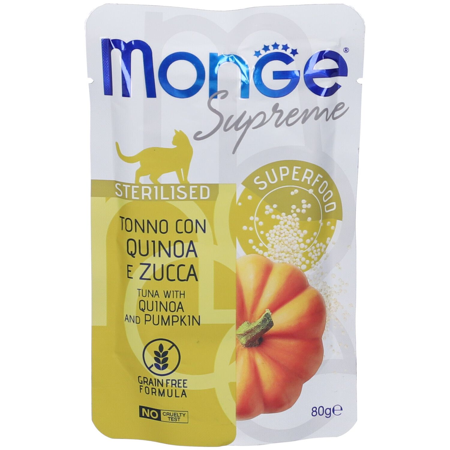 Busta Monge Supreme Sterilised. Tonno con quinoa e zucca. Formula senza cereali. Immagine di gatto e zucca.