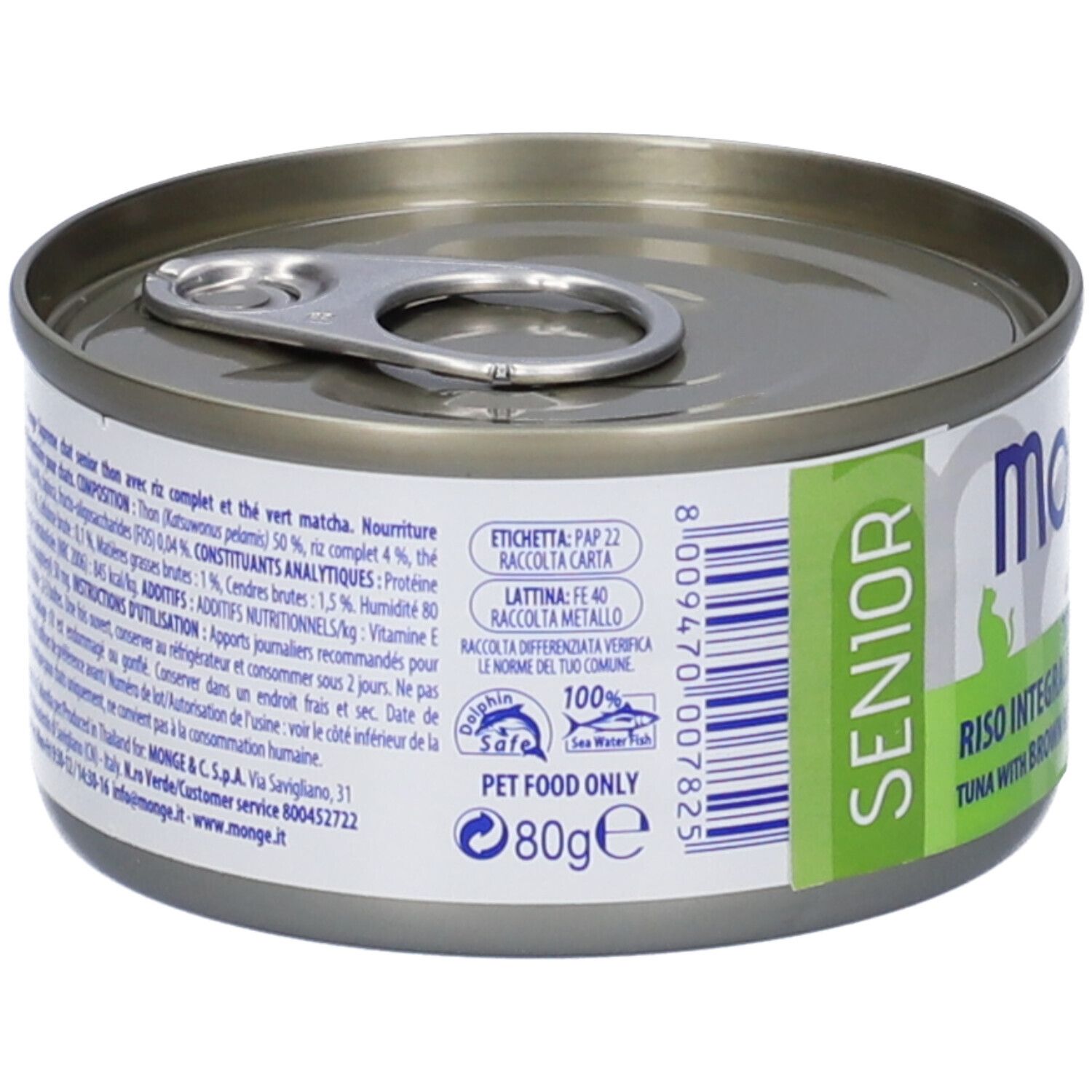 Lattina Monge Supreme Senior. Retro con ingredienti, codice a barre e simboli di riciclo. Lattina con anello.
