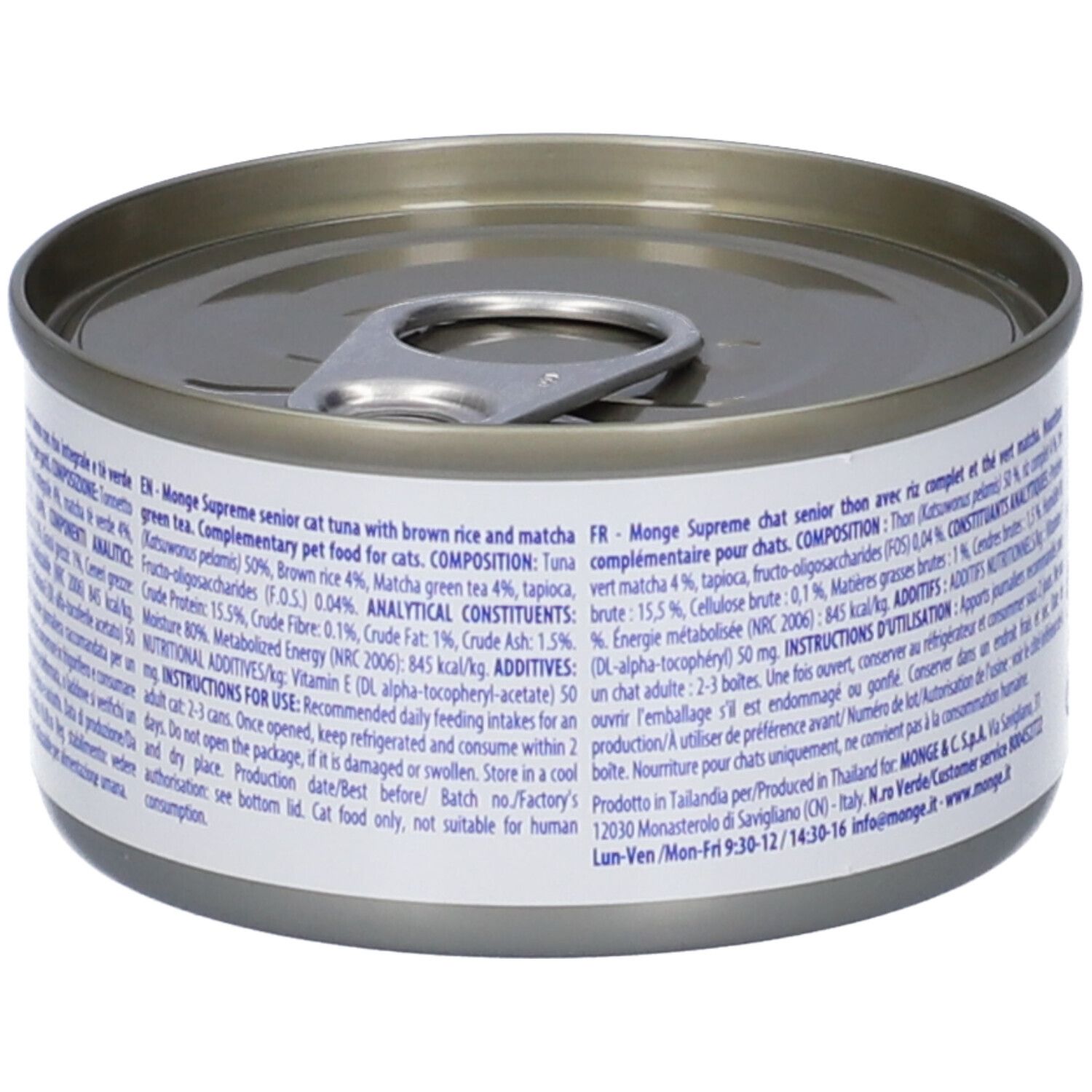 Lattina Monge Supreme Senior. Dettaglio ingredienti e informazioni nutrizionali. Lattina con anello.
