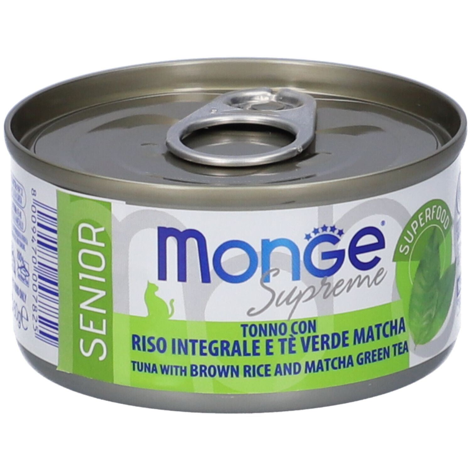 Lattina di cibo per gatti Monge Supreme Senior. Etichetta verde e bianca con nome e ingredienti. Lattina con anello.