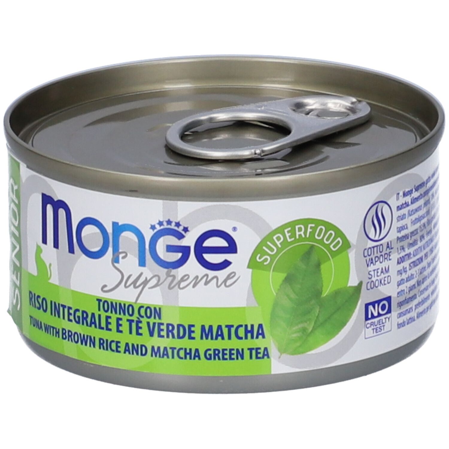 Lattina Monge Supreme Senior. Lattina con nome, logo Superfood e foglie. Con anello.