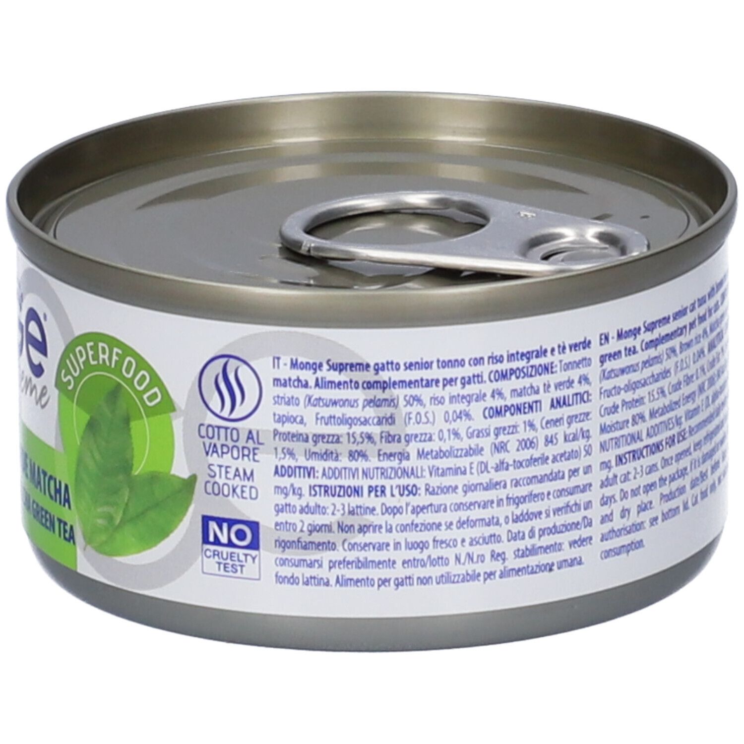 Lattina Monge Supreme Senior. Dettaglio con ingredienti, logo e foglie. Con anello.