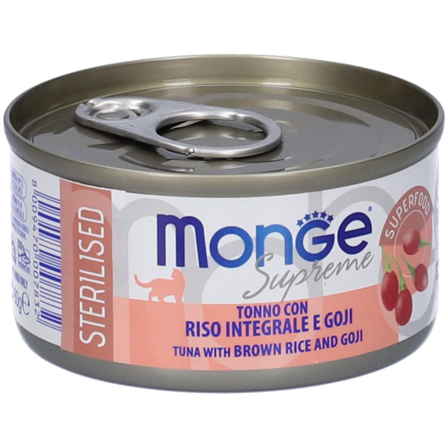 Lattina di cibo per gatti Monge Supreme, Tonno con Riso Integrale e Goji. Immagine di bacche di goji.