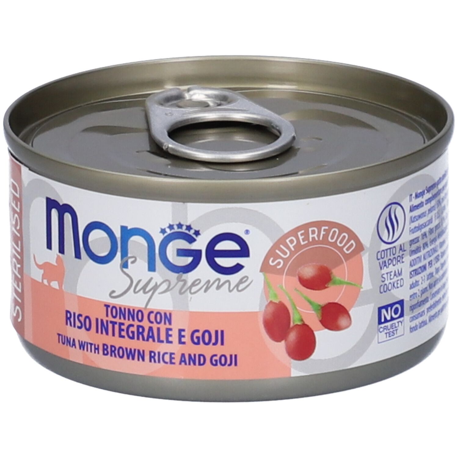 Lattina Monge Supreme, Tonno con Riso Integrale e Goji. Logo Superfood e bacche di goji.