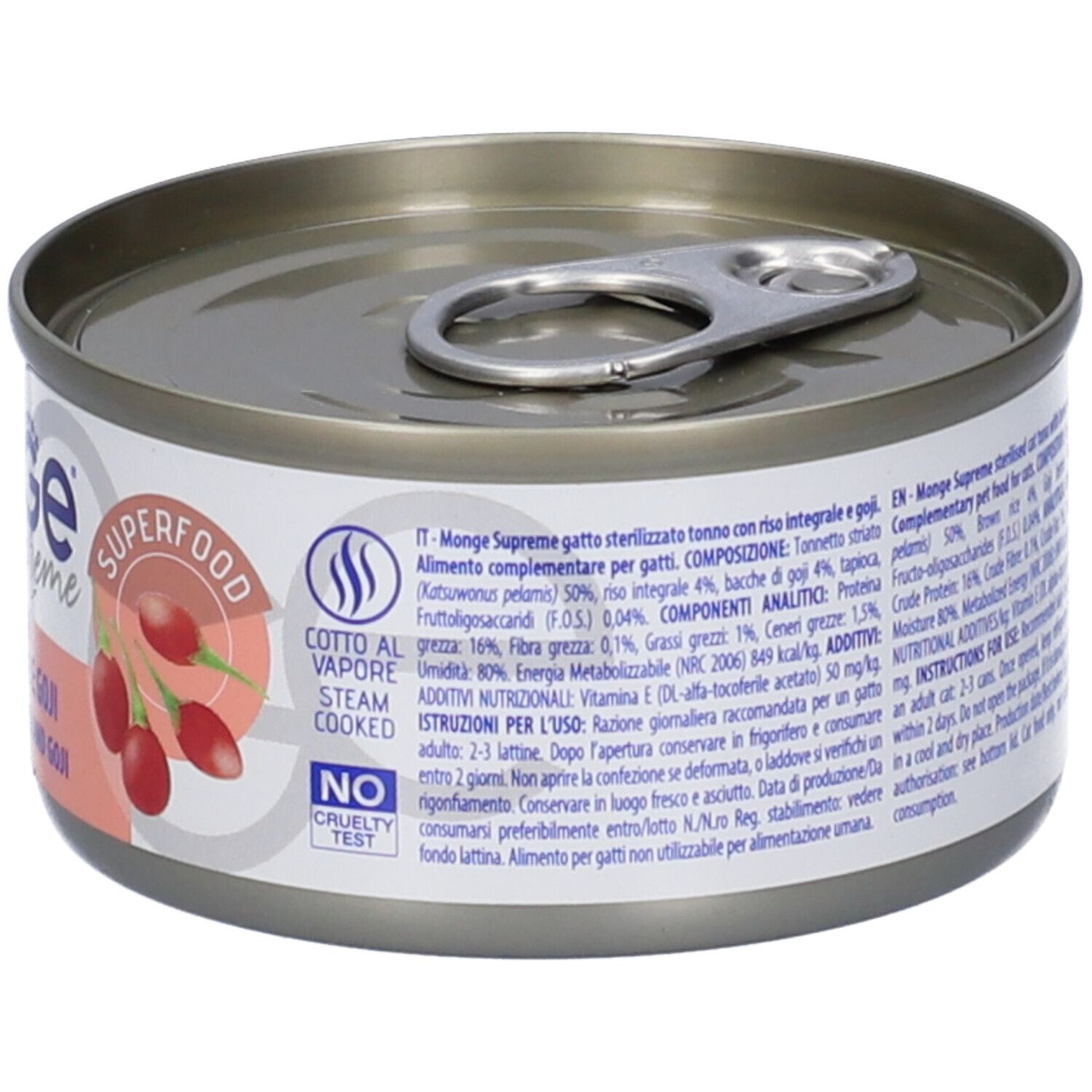 Lato della lattina di cibo per gatti con testo. Contiene informazioni sugli ingredienti e valori nutrizionali. Testo multilingue.