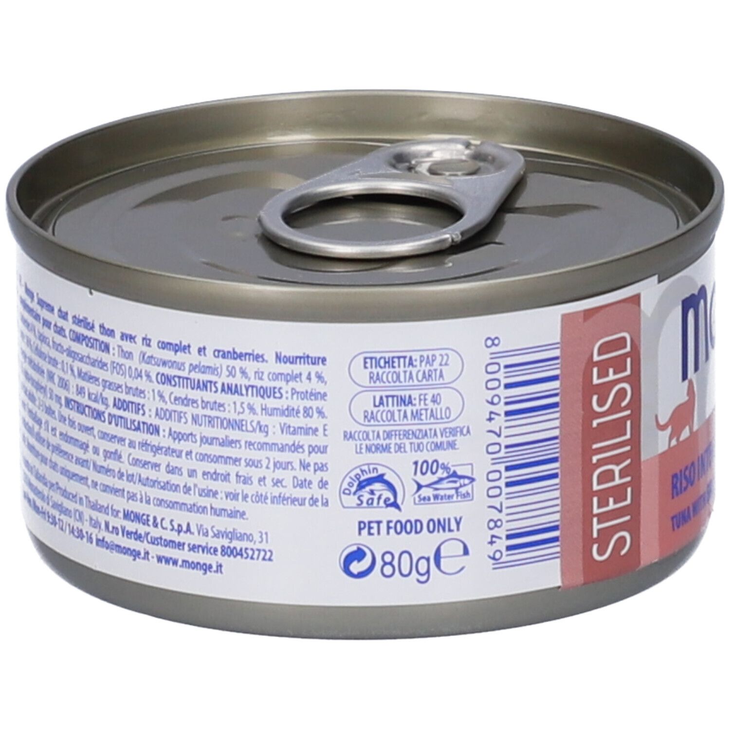 Retro della lattina di cibo per gatti. Informazioni testuali, inclusi ingredienti e valori nutrizionali. 80g. Pet Food Only.