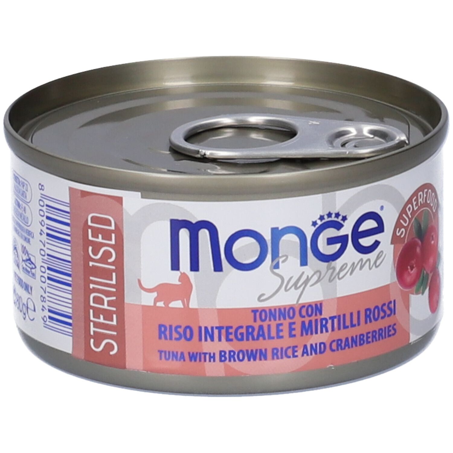 Lattina di cibo per gatti. Monge Supreme, Sterilizzato. Tonno con Riso Integrale e Mirtilli Rossi. Immagine di mirtilli rossi.