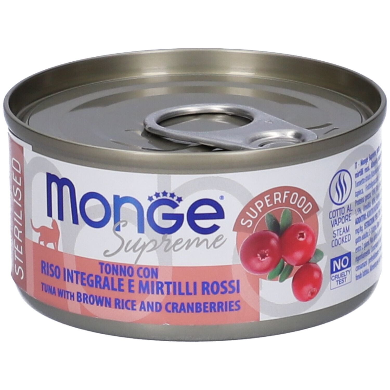 Lattina di cibo per gatti. Monge Supreme, Sterilizzato. Tonno con Riso Integrale e Mirtilli Rossi. Immagine di mirtilli rossi. Cotto a vapore.