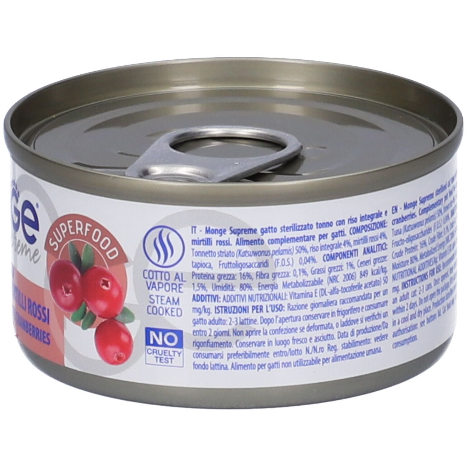 Lattina di cibo per gatti. Monge Supreme, Sterilizzato. Tonno con Riso Integrale e Mirtilli Rossi. Immagine di mirtilli rossi. Cotto a vapore.