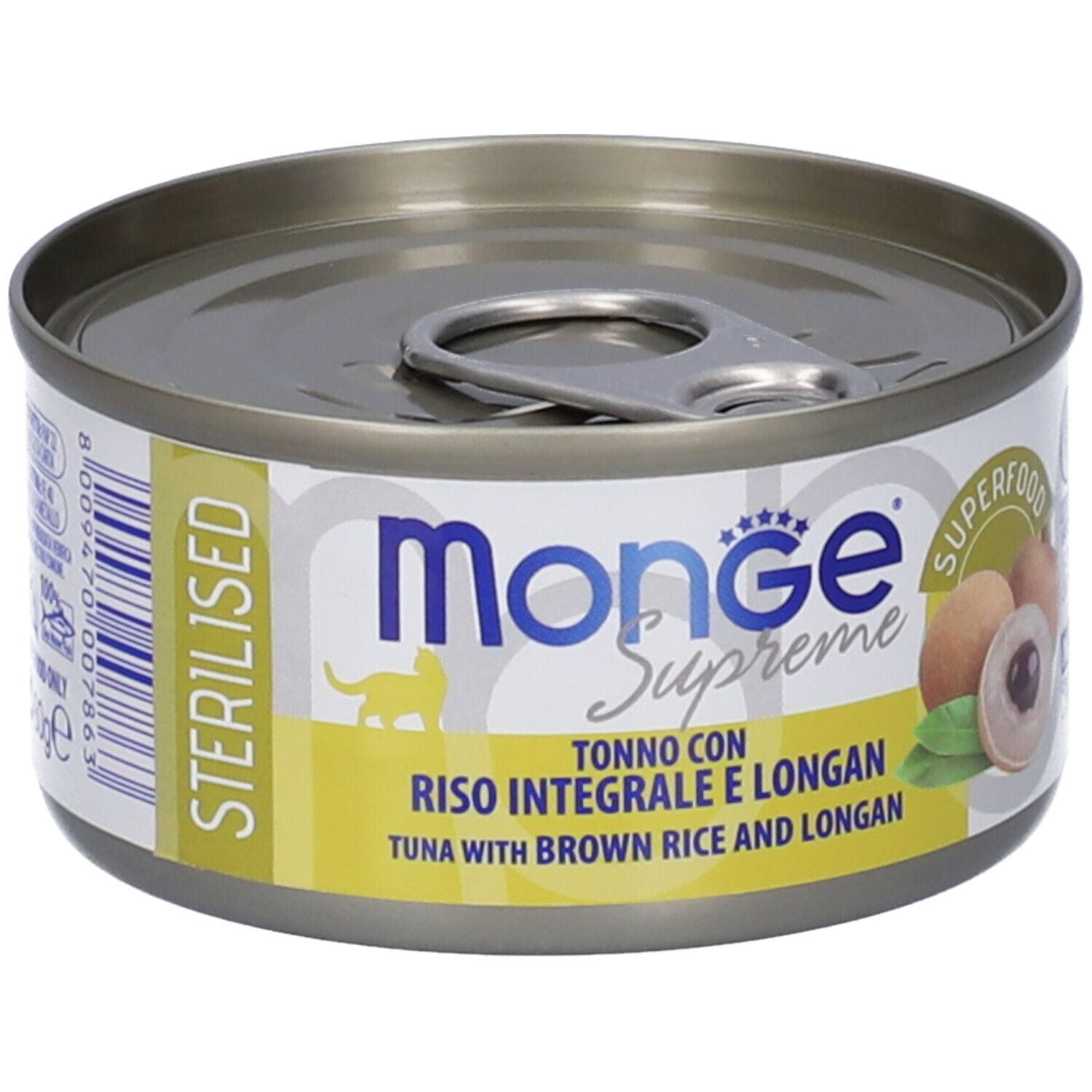 Lattina di cibo per gatti "Monge Supreme". Contiene tonno, riso integrale e longan. Lattina con coperchio e stampa.